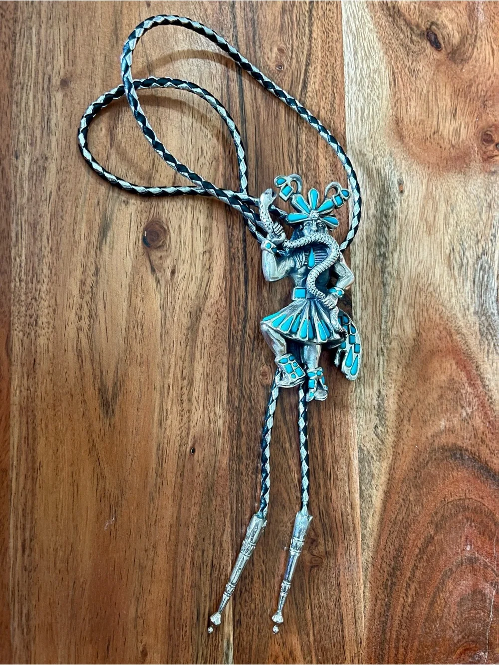 Vintage Southwestern bolo tie silver-toned Kachina dancer with snake